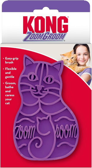 Kong ZoomGroom cat grooming brush in purple, shown on its retail backing card with a red and white design, featuring the Kong brand logo and a small photo of a woman holding a cat at Pet Servo