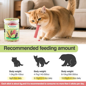 Cat eating a treat with F Chowin packaging, recommended feeding amount chart below at Pet Servo
