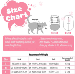 Cat size chart with measurements and recommended weights on a pink background at Pet Servo