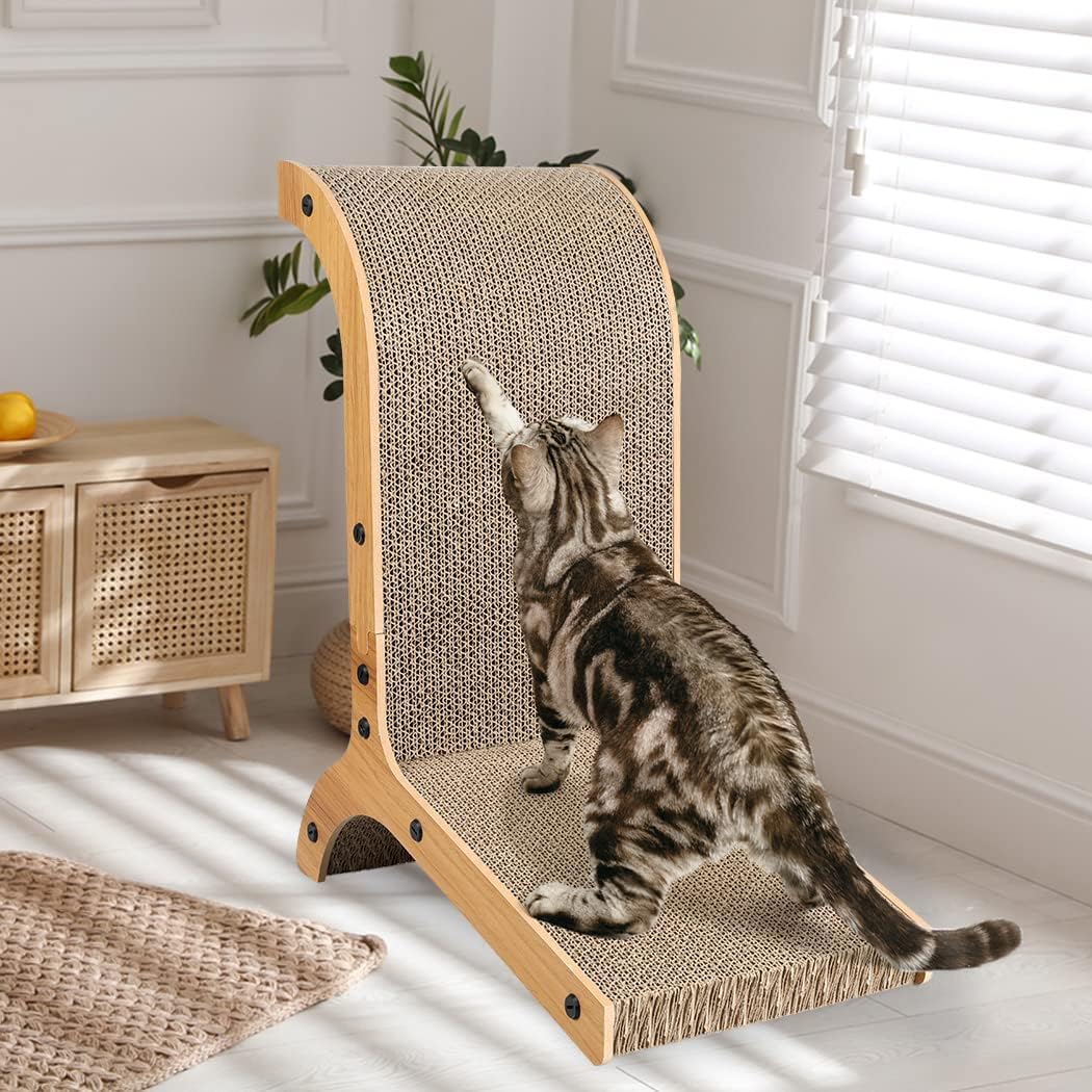 Cat using a wooden scratching post in a bright room with light-colored walls and a window at Pet Servo