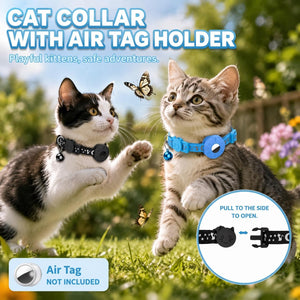 Two cats outdoors wearing pet collars in a grassy garden setting. One collar is black with a blue air tag holder, and the other is bright blue at Pet Servo
