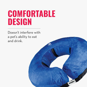 Blue pet travel neck pillow with text about comfort and不影响 pets' ability to eat and drink at Pet Servo