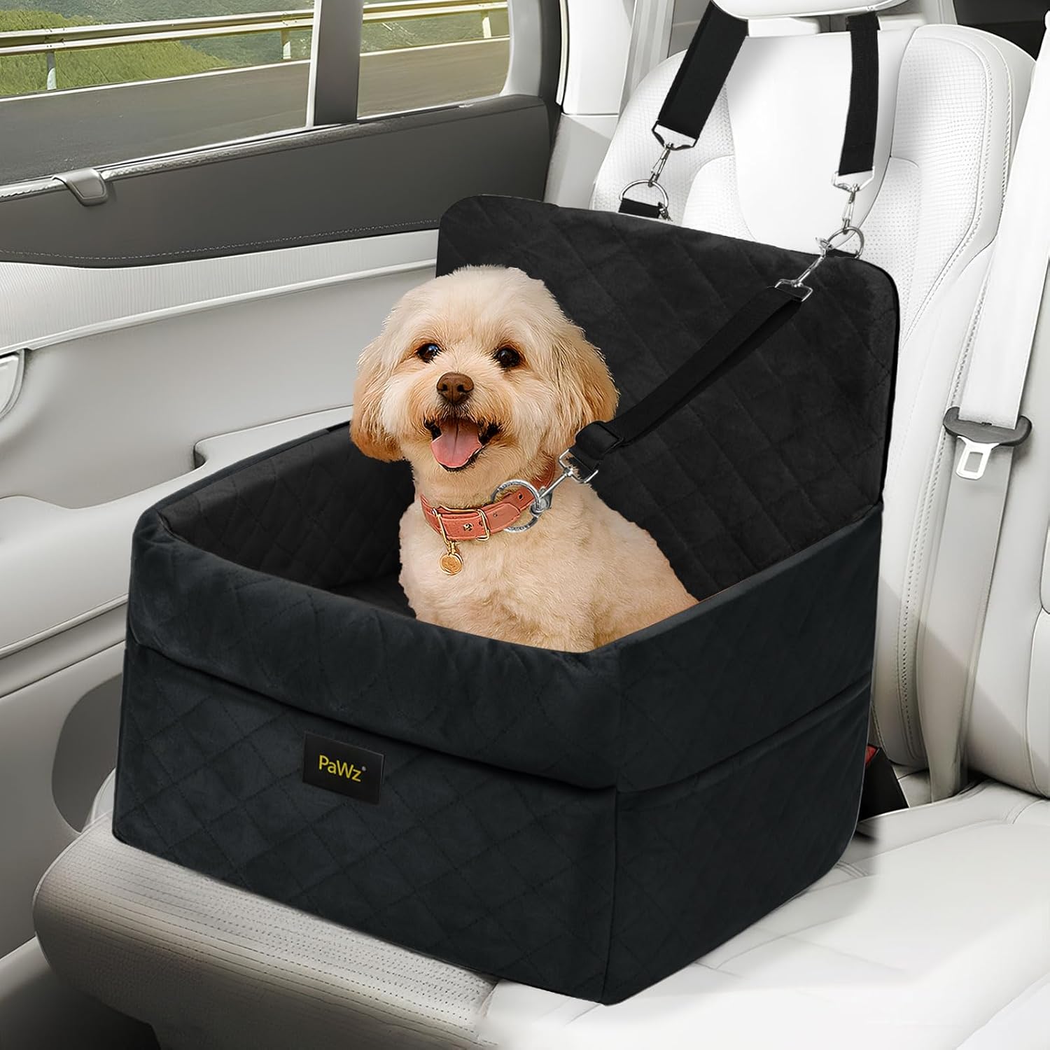 Dog sitting in a black pet seat in a car at Pet Servo