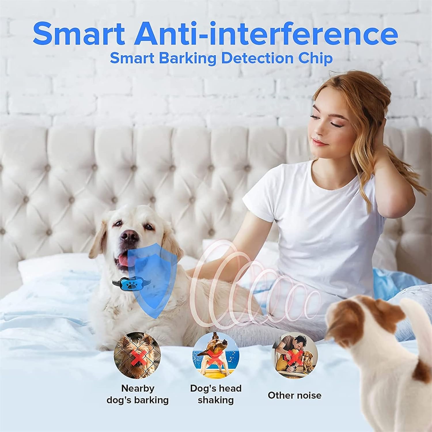 Woman sitting on a bed with a dog wearing a blue device, surrounded by small icons indicating the product's functions.