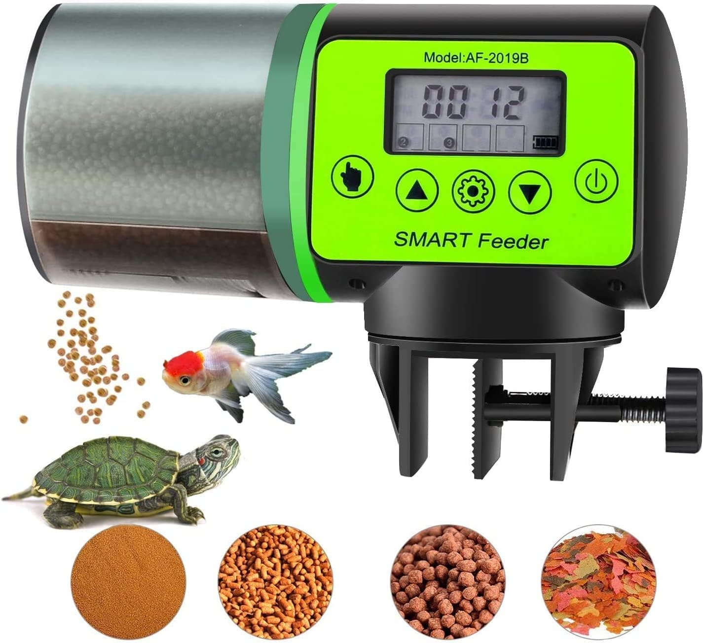 Smart feeder with digital display and various pet food images on a white background at Pet Servo