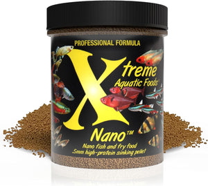 Container of Xtreme Aquatic Foods Nano fish food with fish images on a white background at Pet Servo