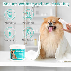 Dog being cleaned with pet ear cleaner finger wipes, featuring icons for alcohol-free, paraben-free, fragrance-free, and non-toxic products at Pet Servo