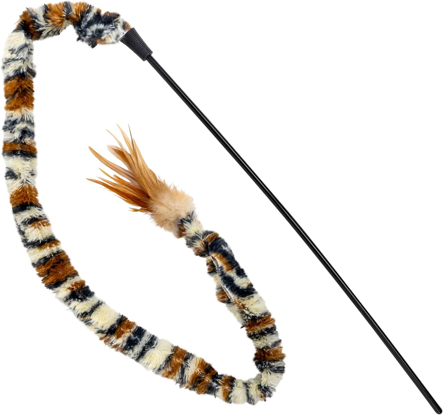 A long black wand-style toy with a fuzzy tiger-stripe looped tail and a feathered tip, shown on a plain white background at Pet Servo