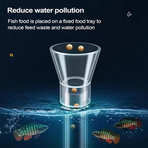 Fish food dispenser with fish and text about reducing water pollution at Pet Servo