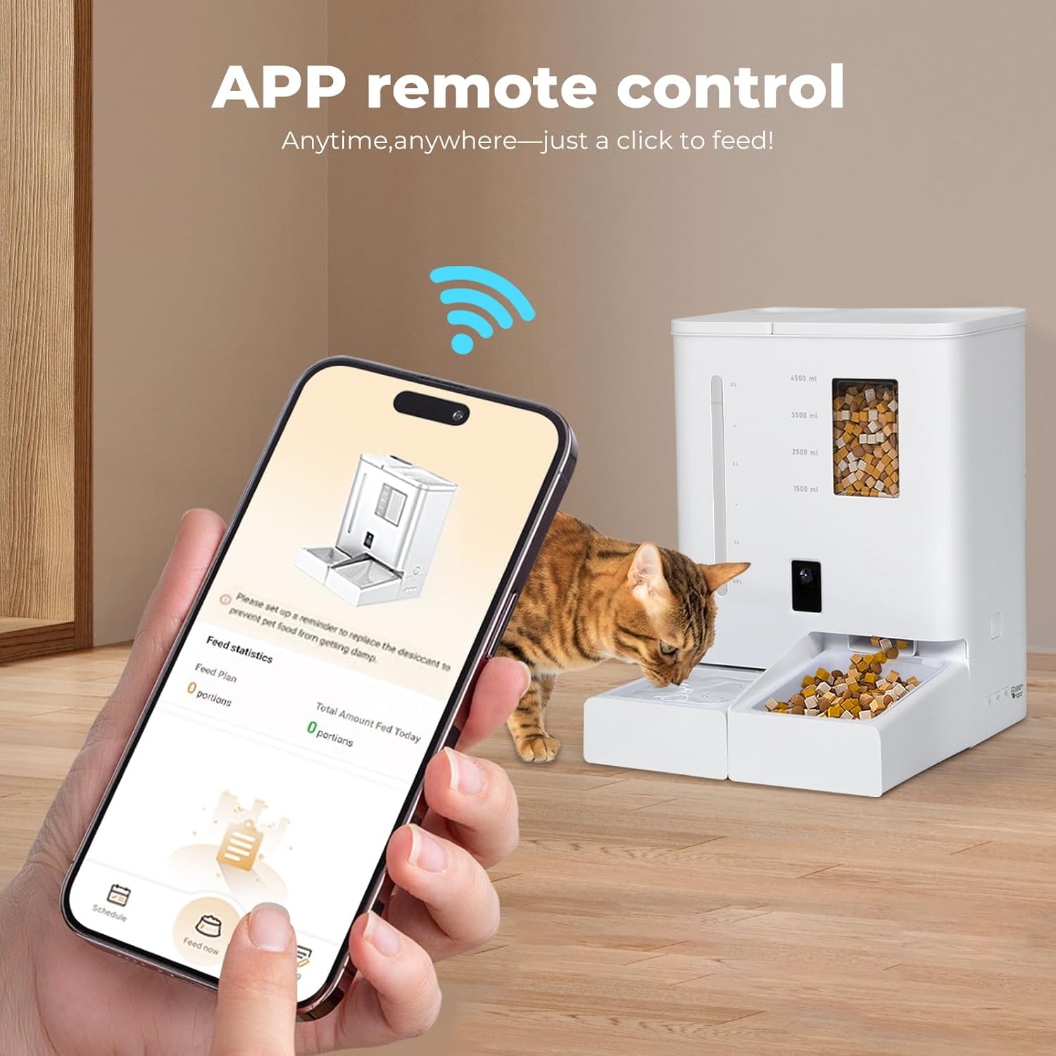 A white automatic pet feeder sits on a wooden floor next to a brown tabby cat, with a hand holding a smartphone in the foreground showing a control app screen. The image includes the text 'APP remote control' and 'Anytime, anywhere—just a click to feed!' at Pet Servo