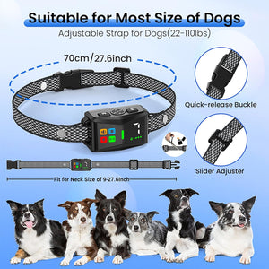 Dog collar with electronic device, adjustable strap, and features highlighted on a blue background at Pet Servo