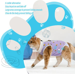 Cat wearing a purple e-collar alternative with paw-shaped blue background at Pet Servo