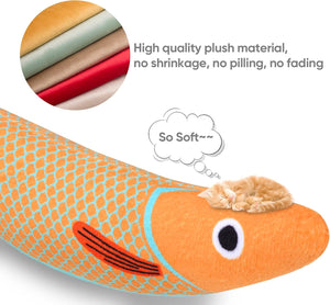 Orange fish-shaped plush toy with high-quality plush material details on a white background at Pet Servo