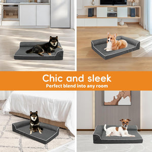 Collage of a dog lying on a gray pet bed in various rooms with text 'Chic and sleek, perfect blend into any room' at Pet Servo