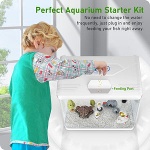 Child interacting with an aquarium starter kit, highlighting a feeding port.