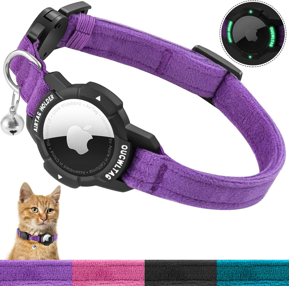 Purple pet collar with a black adjustable mechanism, featuring a small inset of a cat wearing the collar at Pet Servo