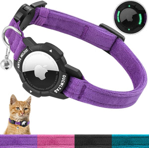 Purple pet collar with a black adjustable mechanism, featuring a small inset of a cat wearing the collar at Pet Servo