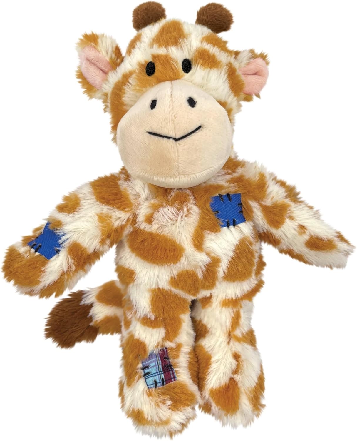 Plush giraffe toy with brown spots and blue accents on a white background at Pet Servo
