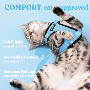Cat wearing a blue harness with text highlighting features on a light blue background at Pet Servo