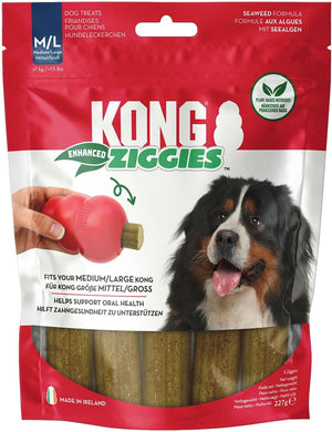 A package of Kong Enhanced Ziggies dog treats, featuring a red and white bag with a picture of a Bernese mountain dog and a hand holding a pink treat toy. The treats are visible through a clear window at the bottom at Pet Servo