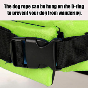 Green dog life jacket with black D-ring and strap on a light gray background at Pet Servo
