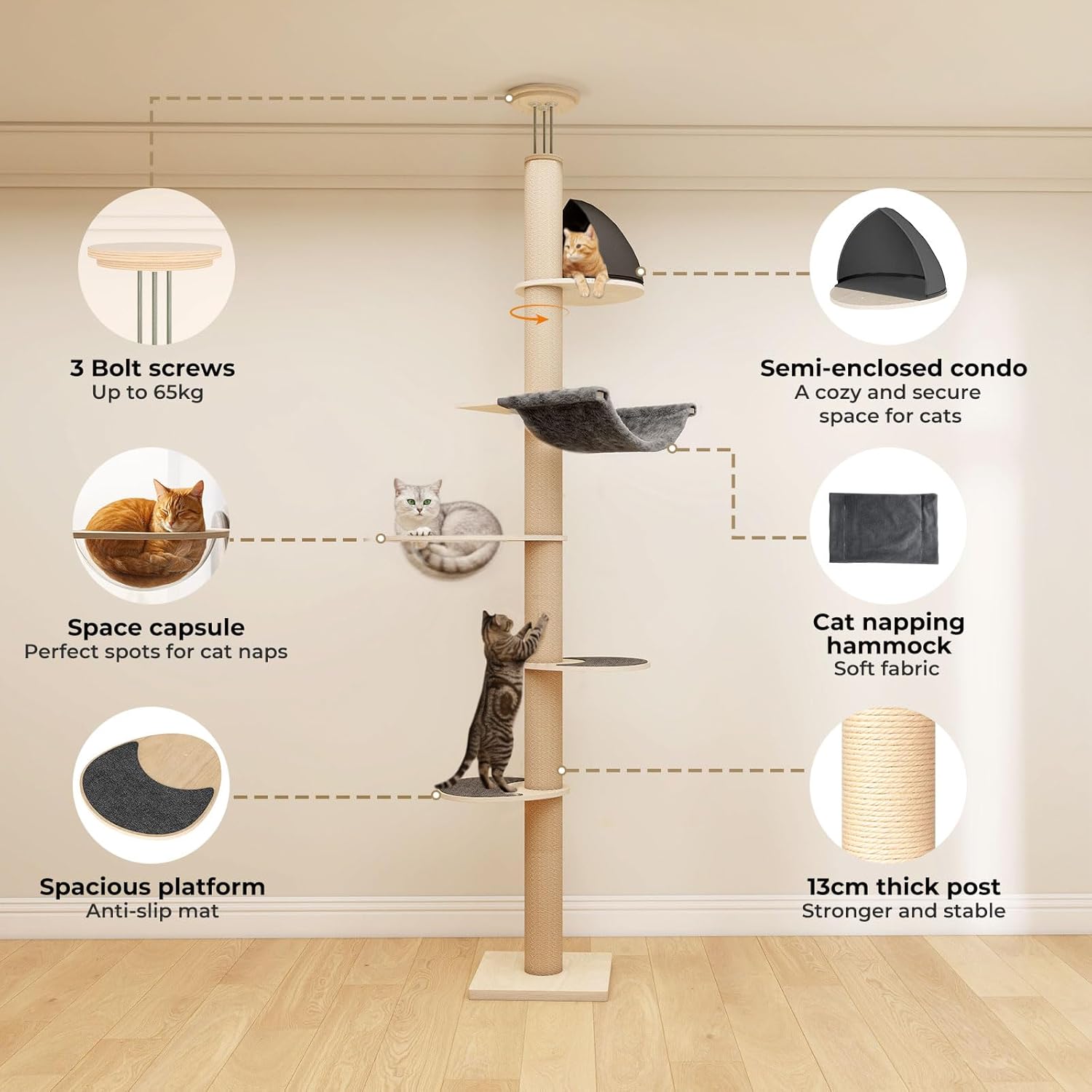 A tall beige cat tree with multiple platforms, a hammock, and a small enclosed perch, shown in a room with overlaid callout circles and text describing features such as 3 bolt screws, space capsule, spacious platform, cat napping hammock, and semi-enclosed condo at Pet Servo
