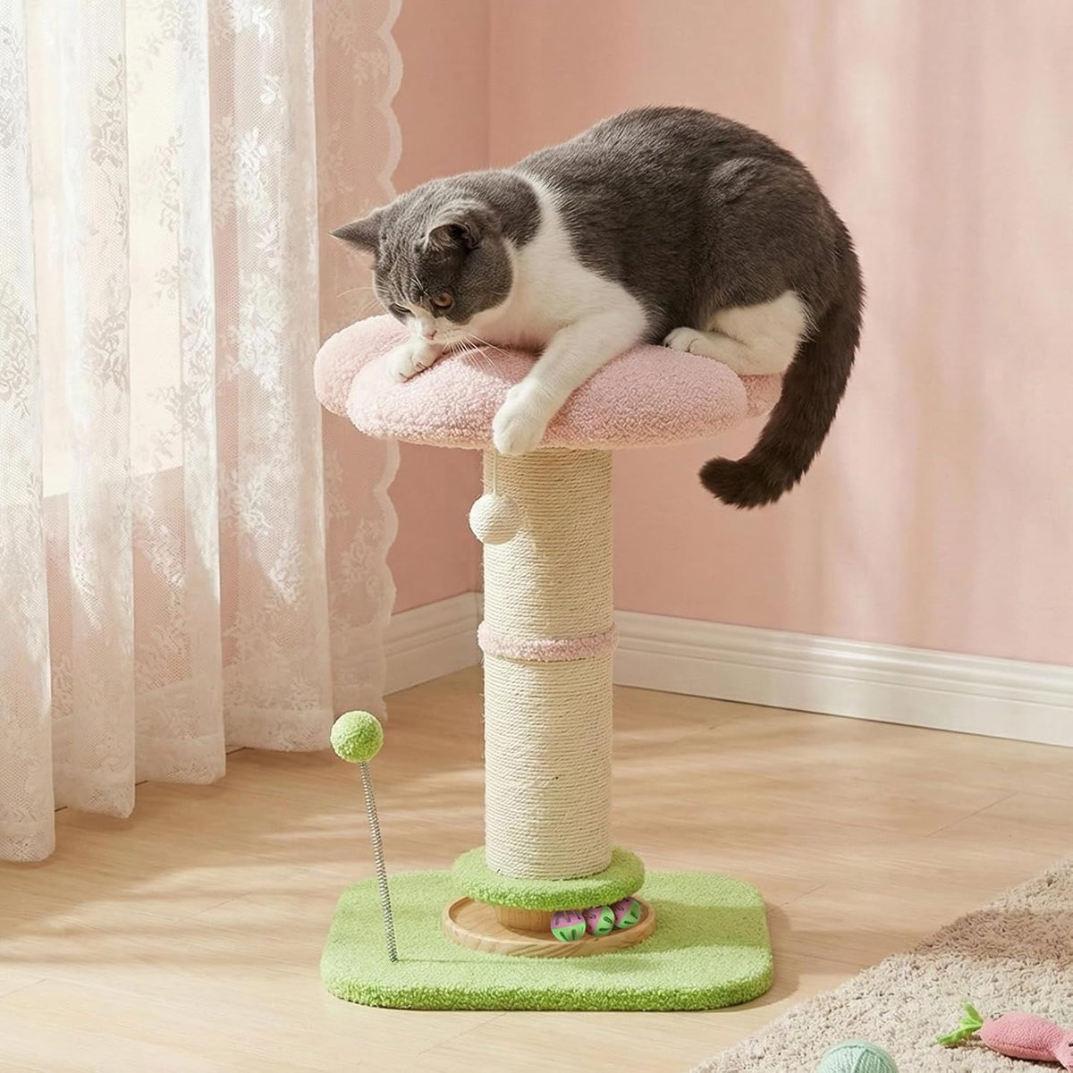 A gray and white cat is posed on a pink and cream cat tree in a softly lit room with pale pink walls, white curtains, and a light wood floor. The cat tree has a pink cushioned top, a wrapped cream post, a green base, and a dangling green toy at Pet Servo