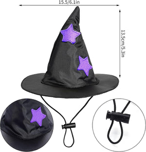 Black witch hat with purple stars and measurement details on a white background