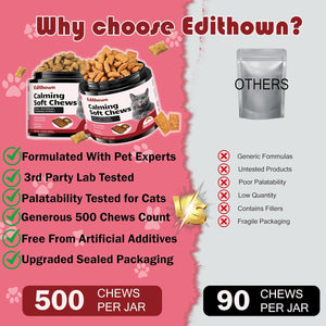 Comparison chart of Edithown Calming Soft Chews with other brands on a pink and gray background at Pet Servo