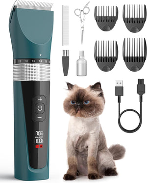 Pet grooming kit with a cat, including a trimmer, attachments, and USB cable on a white background at Pet Servo