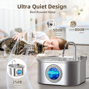 Stainless steel pet water fountain withdB level indicators and a cat on a bed at Pet Servo