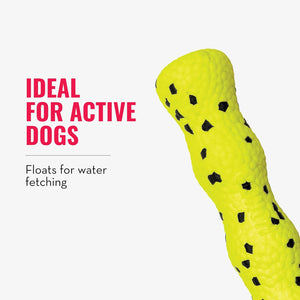 A bright yellow dog floating toy with black spots, shown on a light gray background with text that reads 'IDEAL FOR ACTIVE DOGS' and 'Floats for water fetching' at Pet Servo