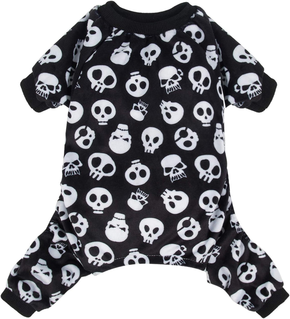 A black short-sleeve pet jumpsuit with an all-over white skull and skull-cap pattern, shown flat against a white background at Pet Servo