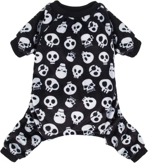 A black short-sleeve pet jumpsuit with an all-over white skull and skull-cap pattern, shown flat against a white background at Pet Servo