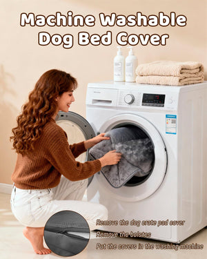 Woman placing a machine washable dog bed cover into a washing machine.