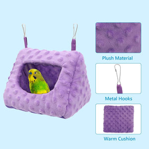 Purple pet hammock with a bird inside, showing plush material, metal hooks, and warm cushion details at Pet Servo