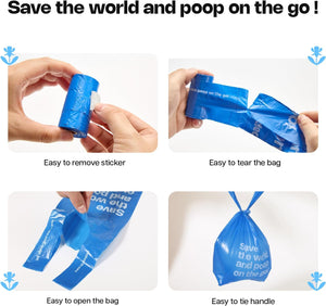 Four-panel demonstration showing a blue reusable bag with printed white text and a white removal sticker. Hands are visible in each panel, demonstrating tearing the bag, opening the bag, tying the handle, and removing the sticker at Pet Servo