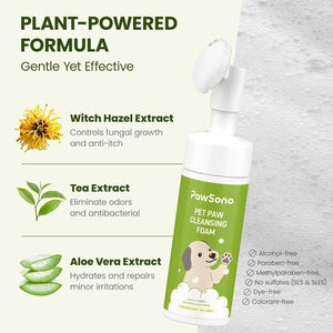 PawSono pet paw cleansing foam with plant-based ingredients and benefits on a white background at Pet Servo