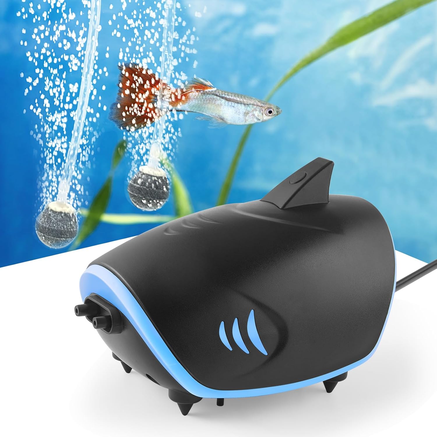 Aquarium air pump with fish and bubbles in the background at Pet Servo