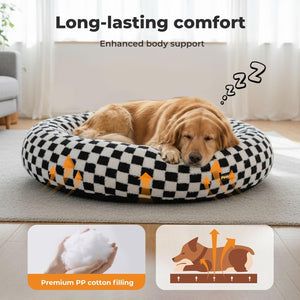 Dog lying on a checkered pet bed with text about long-lasting comfort and premium PP cotton filling at Pet Servo