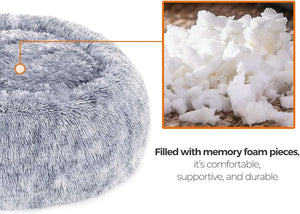 Gray fluffy pet bed with close-up of memory foam pieces and text describing comfort and support at Pet Servo