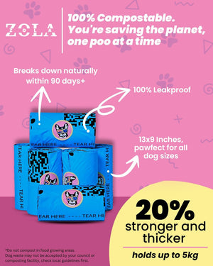Zola dog waste bags packaging with compostable and leakproof features on a pink background at Pet Servo