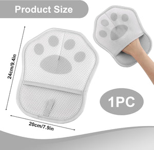 Gray mesh cushion with paw design and dimensions on a white background at Pet Servo