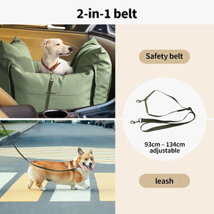 2-in-1 belt with safety harness and leash for dogs, shown in use with a car seat and on a dog walking outdoors at Pet Servo