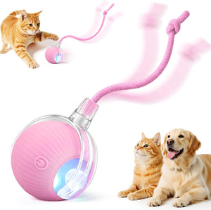 Pink pet toy with a rope and ball, featuring a cat and dog on a white background at Pet Servo