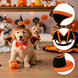 A golden retriever puppy wears a Halloween costume set with a black witch hat, orange trim, a white bib, and a red bow tie, while other dogs and pumpkins appear blurred in the background. Three circular inset close-ups on the right show detail views of the costume pieces.