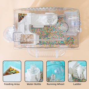 Pet habitat with various features including a feeding area, water bottle, running wheel, and ladder on a beige background at Pet Servo