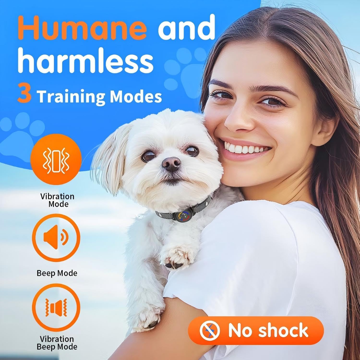 Woman holding a dog with product features highlighted on a blue background at Pet Servo