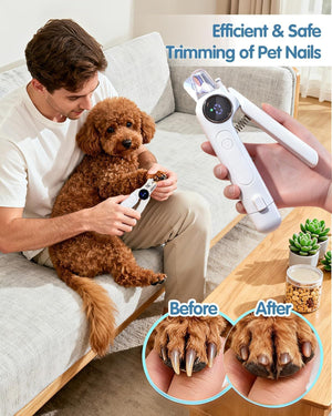 Person using a pet nail trimmer on a dog with 'Before' and 'After' comparisons shown at Pet Servo