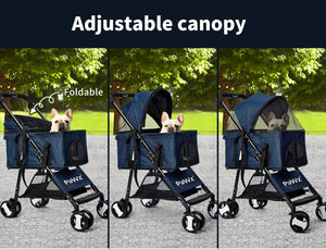 Three-panel demonstration of a navy-blue pet stroller with a dog inside, showing the canopy in different foldable positions under the text 'Adjustable canopy'. The stroller has a navy-blue fabric body, black frame, and white wheels, with the brand name 'PaWz' visible on the front panel at Pet Servo
